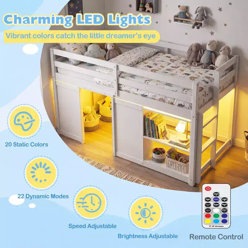 Lit mezzanine double avec lumières LED, 2 portes sous le lit et étagères