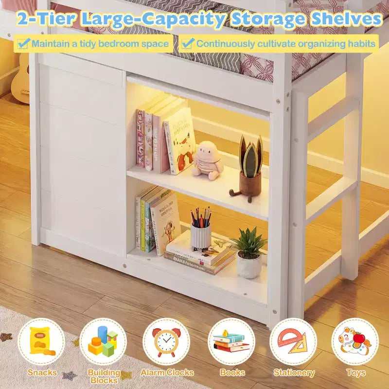 Lit mezzanine double avec lumières LED, 2 portes sous le lit et étagères