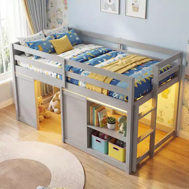 Lit mezzanine double avec lumières LED, 2 portes sous le lit et étagères