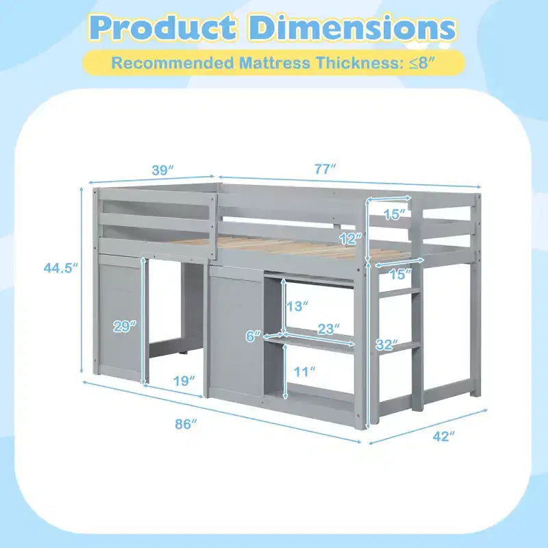 Lit mezzanine double avec lumières LED, 2 portes sous le lit et étagères