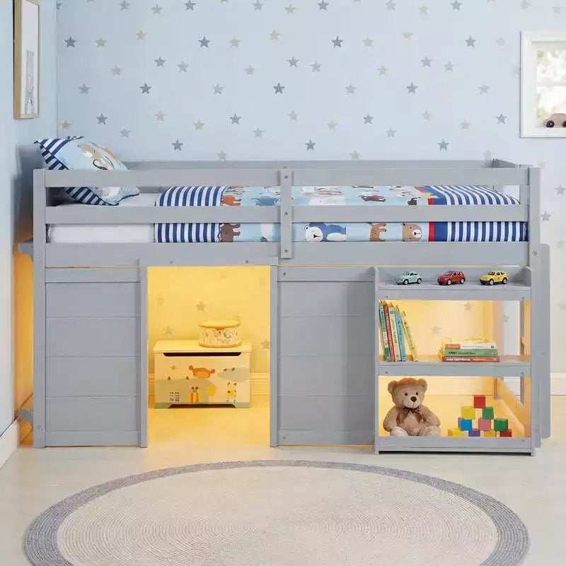 Lit mezzanine double avec lumières LED, 2 portes sous le lit et étagères