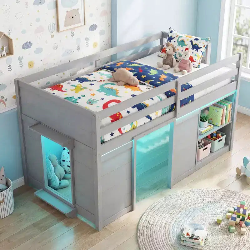 Lit mezzanine double avec lumières LED, 2 portes sous le lit et étagères