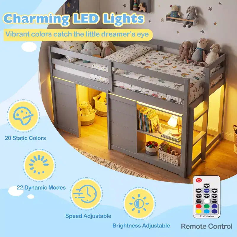 Lit mezzanine double avec lumières LED, 2 portes sous le lit et étagères