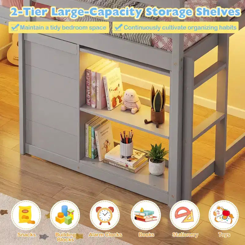 Lit mezzanine double avec lumières LED, 2 portes sous le lit et étagères