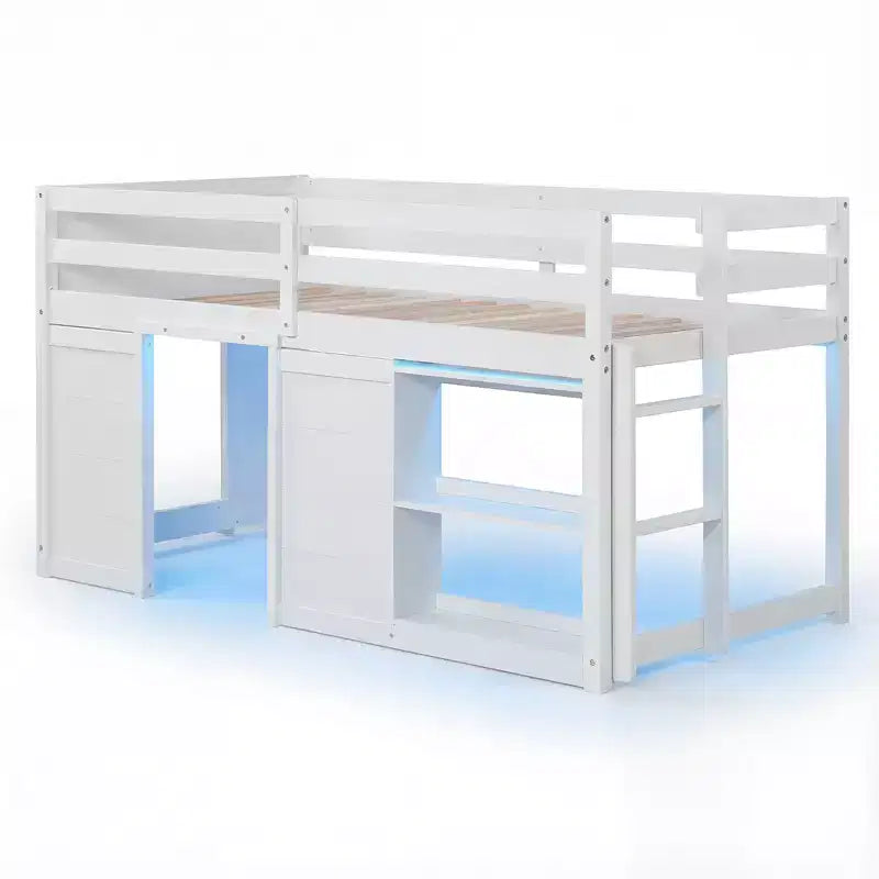 Lit mezzanine double avec lumières LED, 2 portes sous le lit et étagères