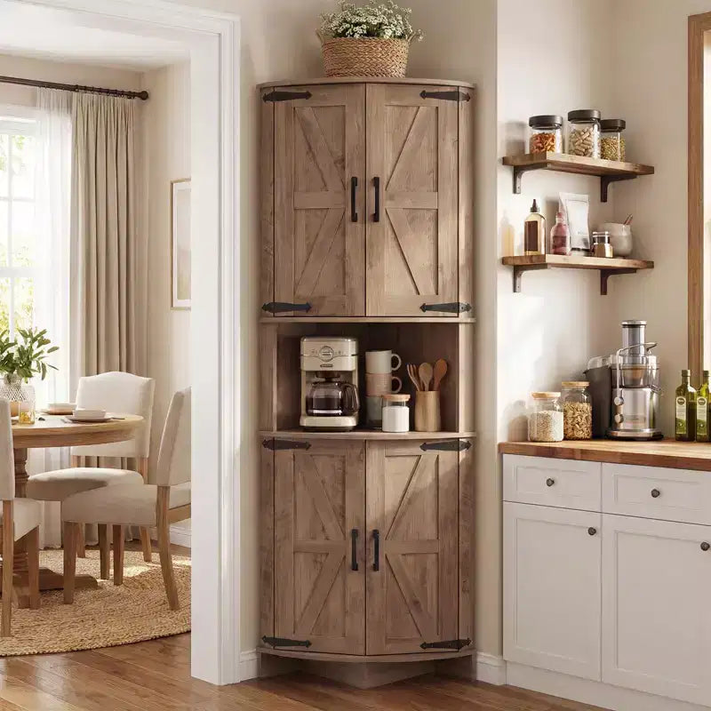 Corner Pantry Cabinet for Kitchen Organization, 64.8 Corner Storage Cabinet for Towels & Toiletries, Tall Cupboard with Barn Door, Living Room
