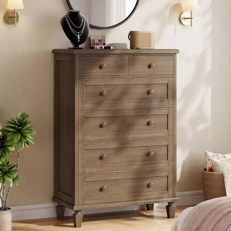 Commode Vintage à 6 Tiroirs avec Pieds Effilés, Grande Commode en Bois