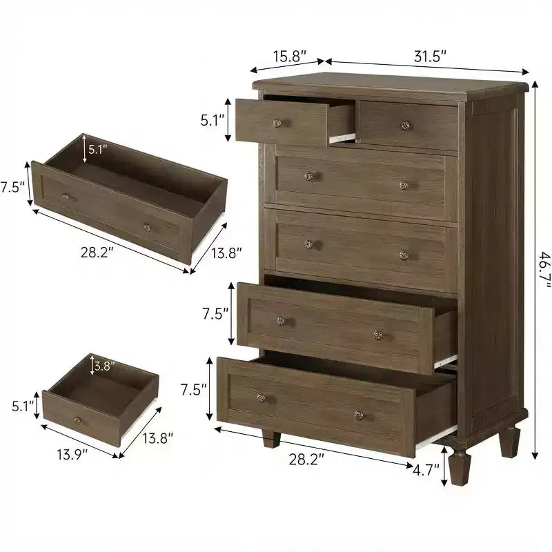 Commode Vintage à 6 Tiroirs avec Pieds Effilés, Grande Commode en Bois