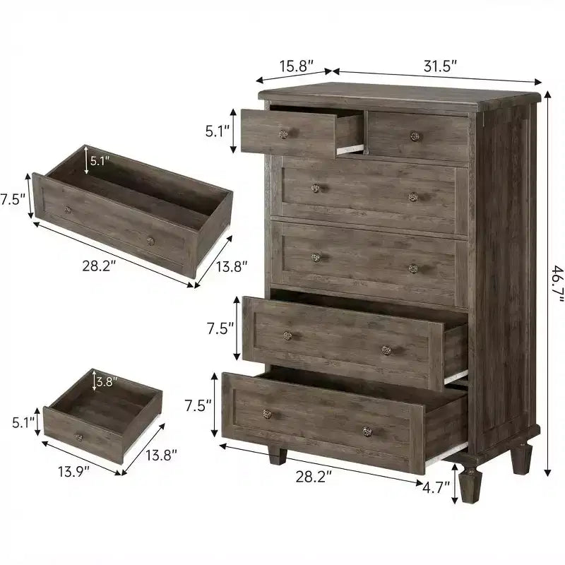 Commode Vintage à 6 Tiroirs avec Pieds Effilés, Grande Commode en Bois
