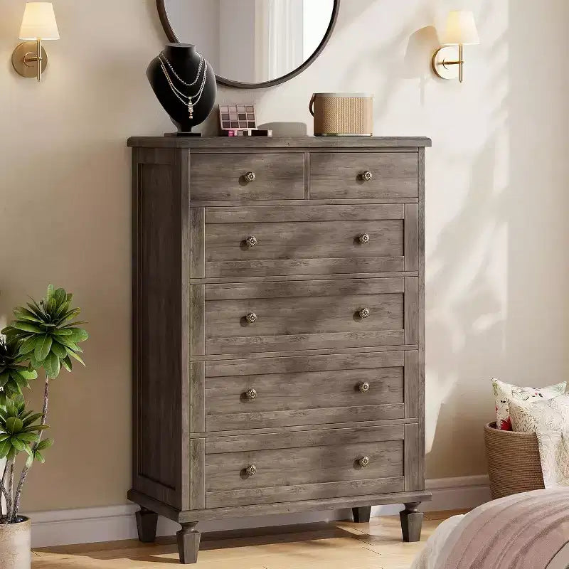 Commode Vintage à 6 Tiroirs avec Pieds Effilés, Grande Commode en Bois