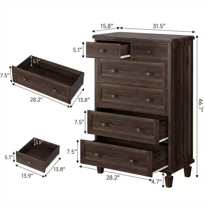Commode Vintage à 6 Tiroirs avec Pieds Effilés, Grande Commode en Bois