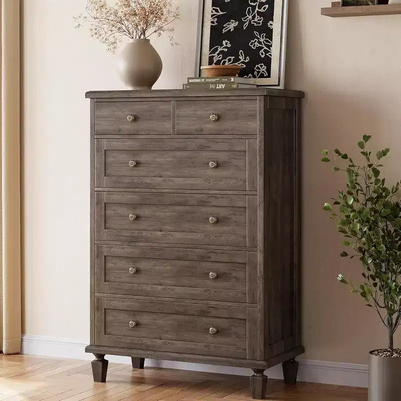 Commode Vintage à 6 Tiroirs avec Pieds Effilés, Grande Commode en Bois