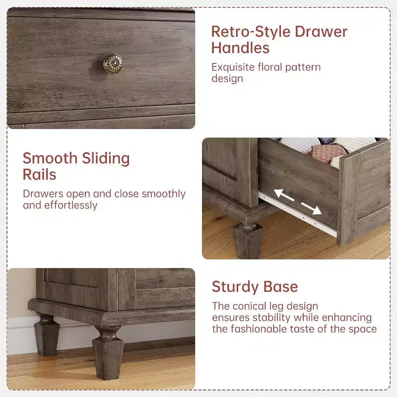 Commode Vintage à 6 Tiroirs avec Pieds Effilés, Grande Commode en Bois