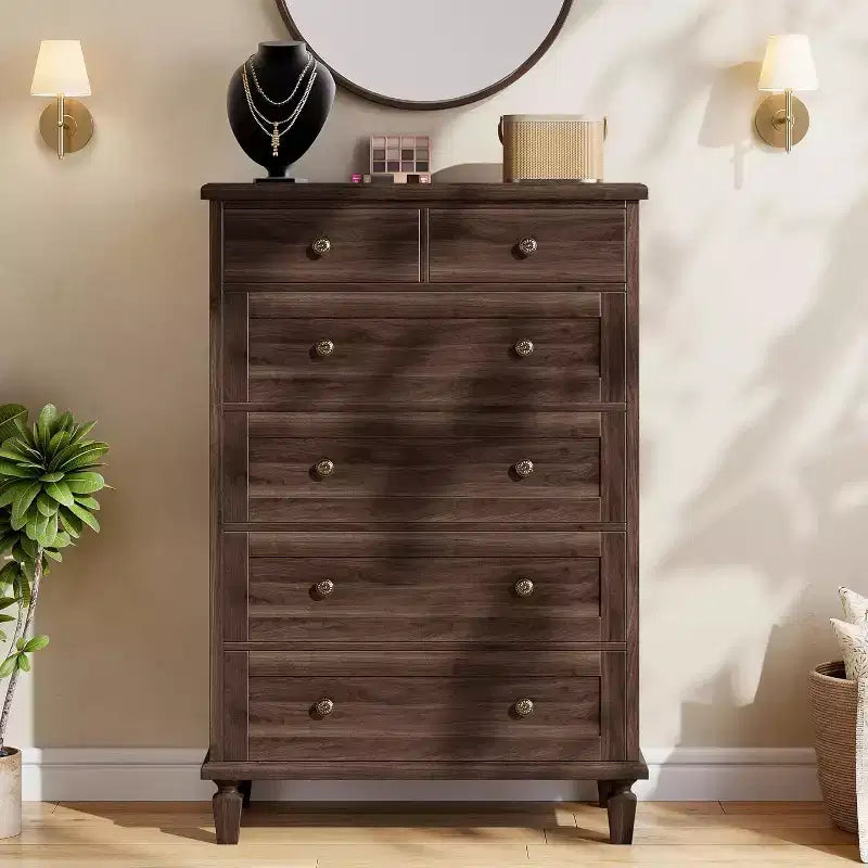 Commode Vintage à 6 Tiroirs avec Pieds Effilés, Grande Commode en Bois