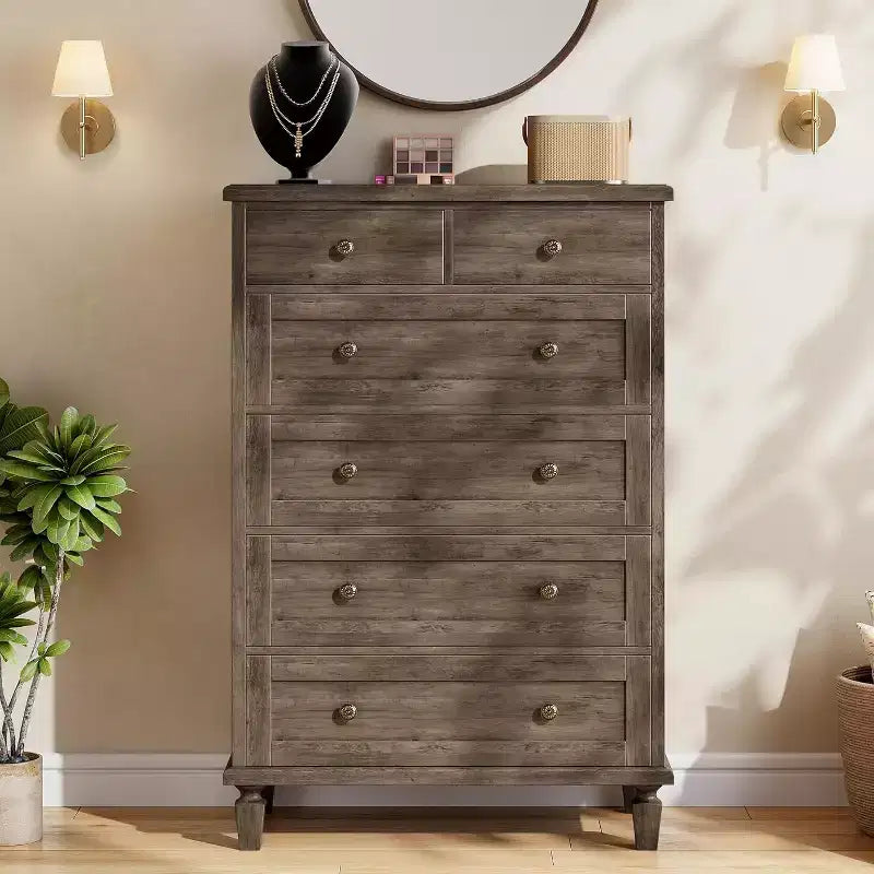 Commode Vintage à 6 Tiroirs avec Pieds Effilés, Grande Commode en Bois