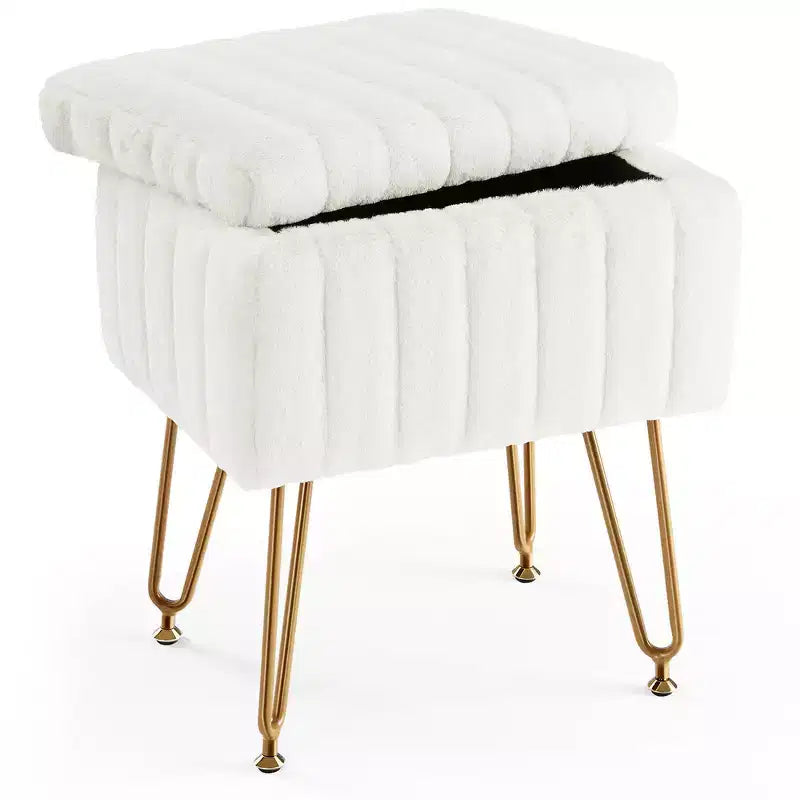 Ottoman de maquillage rembourré en fausse fourrure, 4 pieds en métal