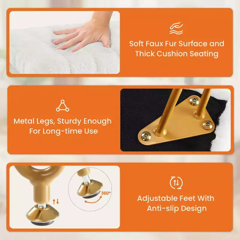 Ottoman de maquillage rembourré en fausse fourrure, 4 pieds en métal