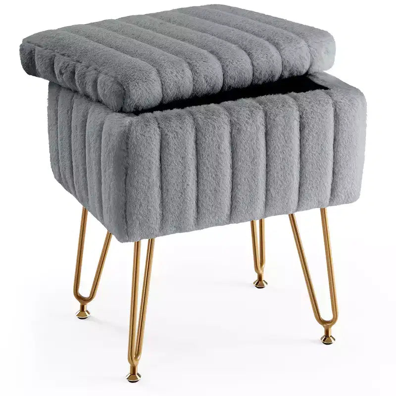 Ottoman de maquillage rembourré en fausse fourrure, 4 pieds en métal