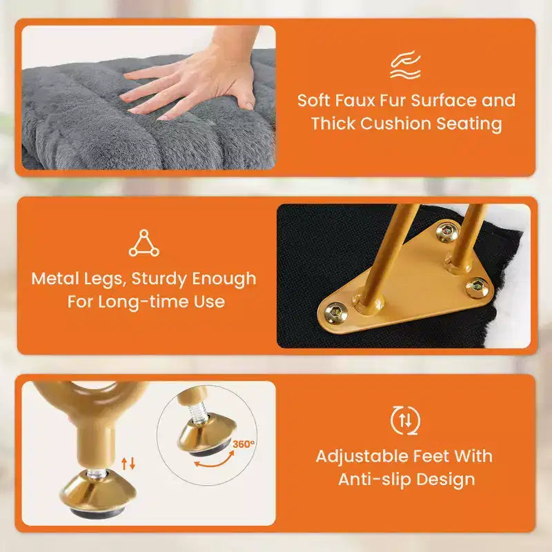 Ottoman de maquillage rembourré en fausse fourrure, 4 pieds en métal