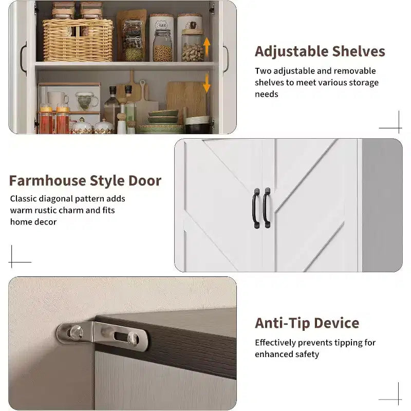 Armoire de cuisine style ferme avec 4 portes et 2 étagères réglables