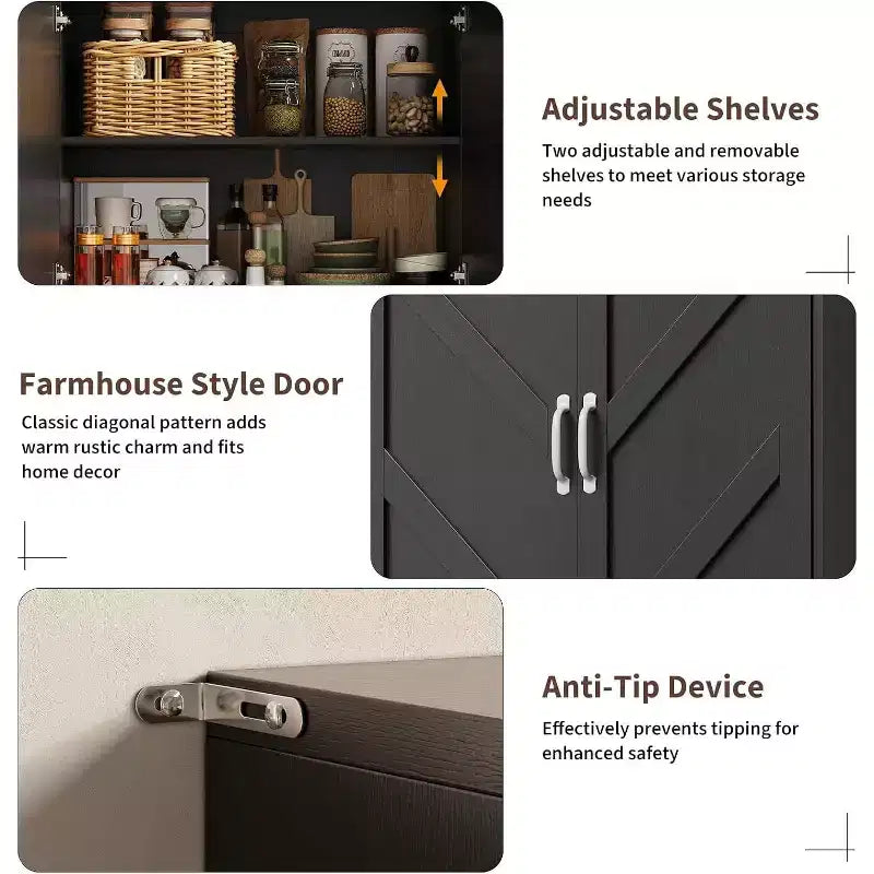 Armoire de cuisine style ferme avec 4 portes et 2 étagères réglables
