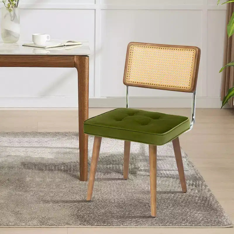 Chaises de salle à manger, Assise en velours et dossier en rotin tressé - Chaises de cuisine hautes à dossier en canne