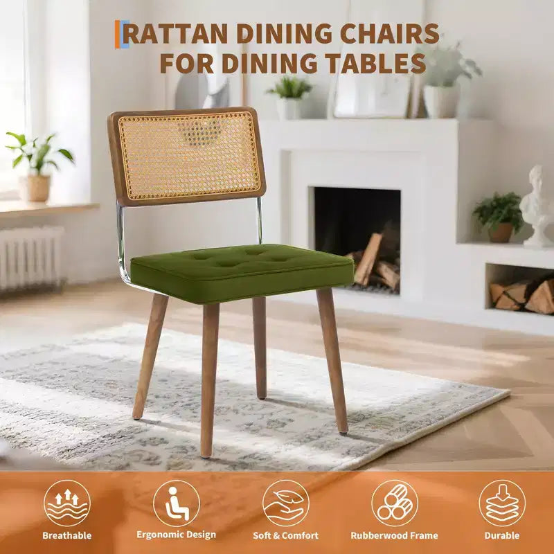 Chaises de salle à manger, Assise en velours et dossier en rotin tressé - Chaises de cuisine hautes à dossier en canne