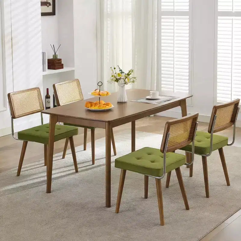 Chaises de salle à manger, Assise en velours et dossier en rotin tressé - Chaises de cuisine hautes à dossier en canne