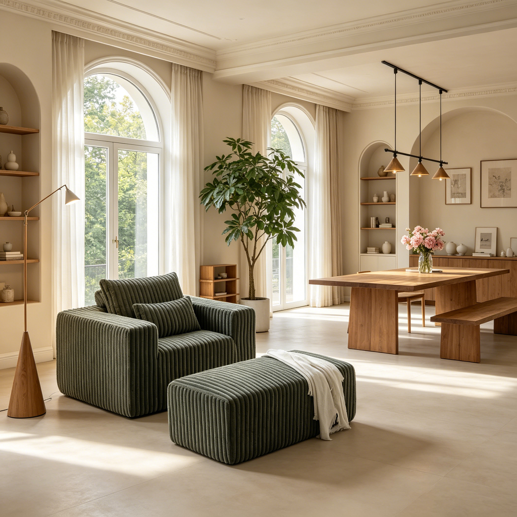 Fauteuil oversize en velours côtelé, canapé simple rembourré avec ottoman