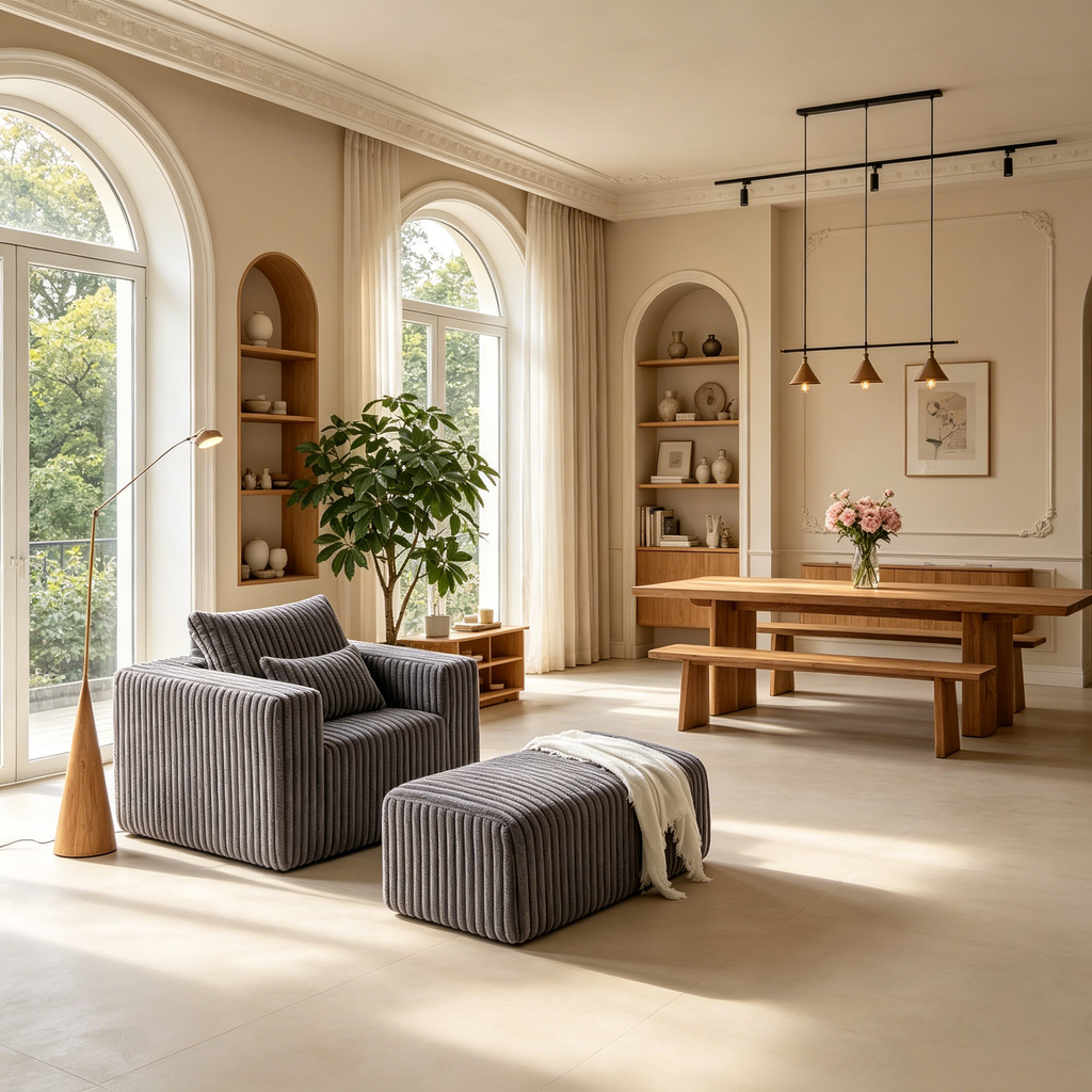 Fauteuil oversize en velours côtelé, canapé simple rembourré avec ottoman