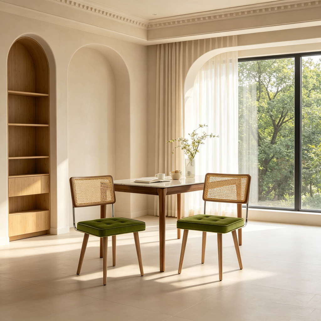 Chaises de salle à manger, Assise en velours et dossier en rotin tressé - Chaises de cuisine hautes à dossier en canne