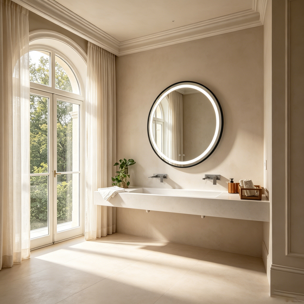 Miroir de courtoisie de salle de bain à LED élégant avec plaque arrière focalisée, cadre en alliage d'aluminium noir