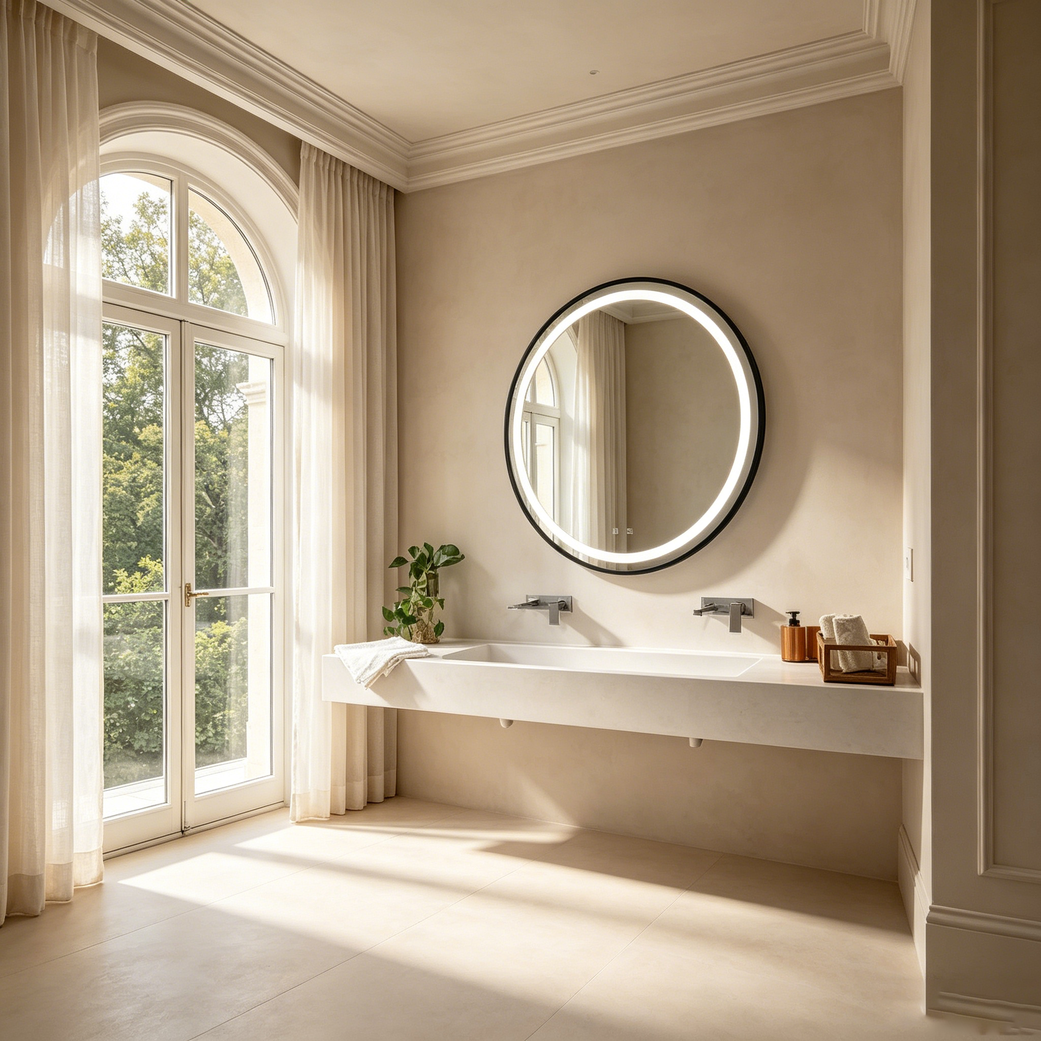 Miroir de courtoisie de salle de bain à LED élégant avec plaque arrière focalisée, cadre en alliage d'aluminium noir