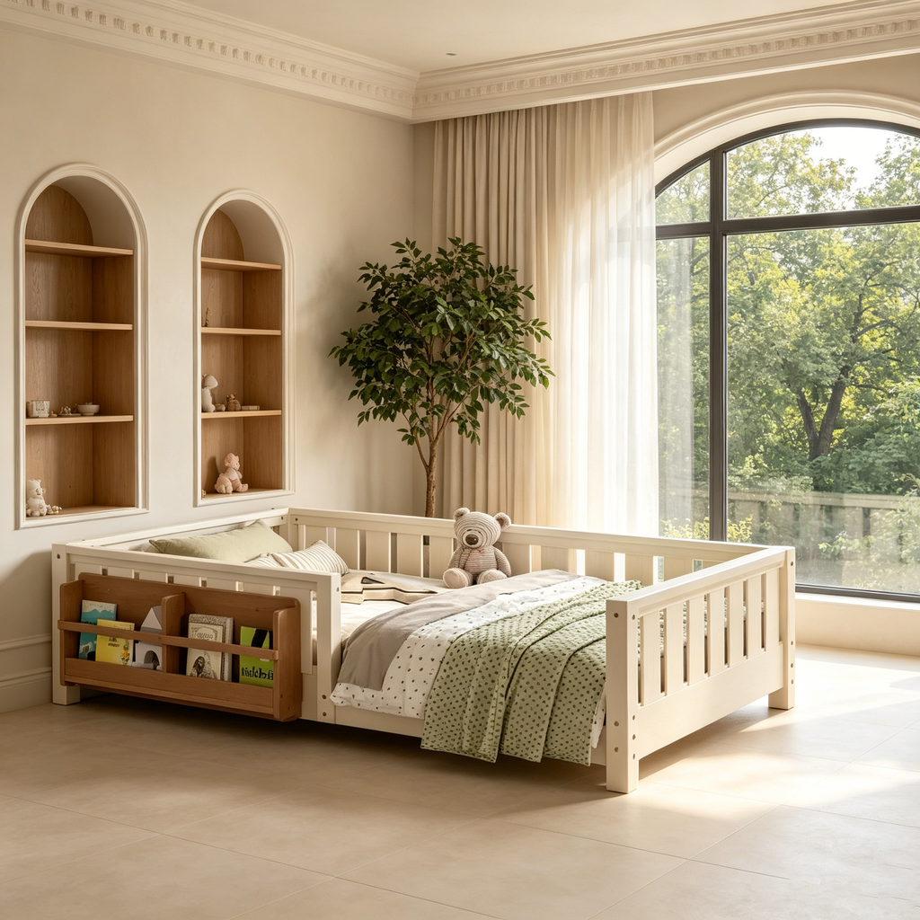Lit simple avec étagère intégrée et barrière de sécurité de haute qualité